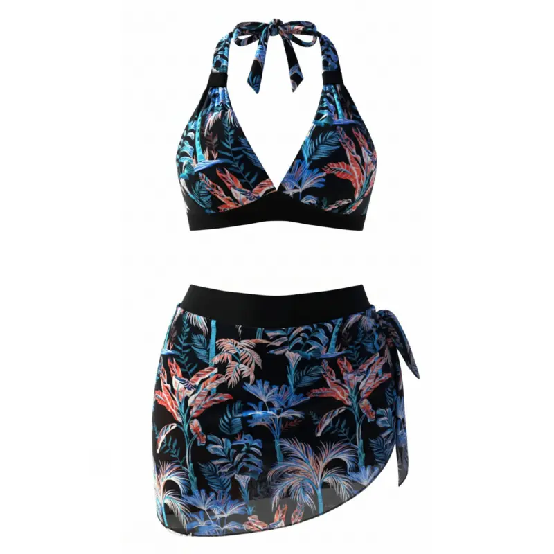 Women's Tropical Palm Leaf Print 2 Piece Swim Skirt Set, Halter Deep V Bikini Top High Waist Wrap Side Split Skort Bathing Suit, Black Base Colorful Jungle Leaf Mesh Skirt Swimwear for Beach Pool Vacation