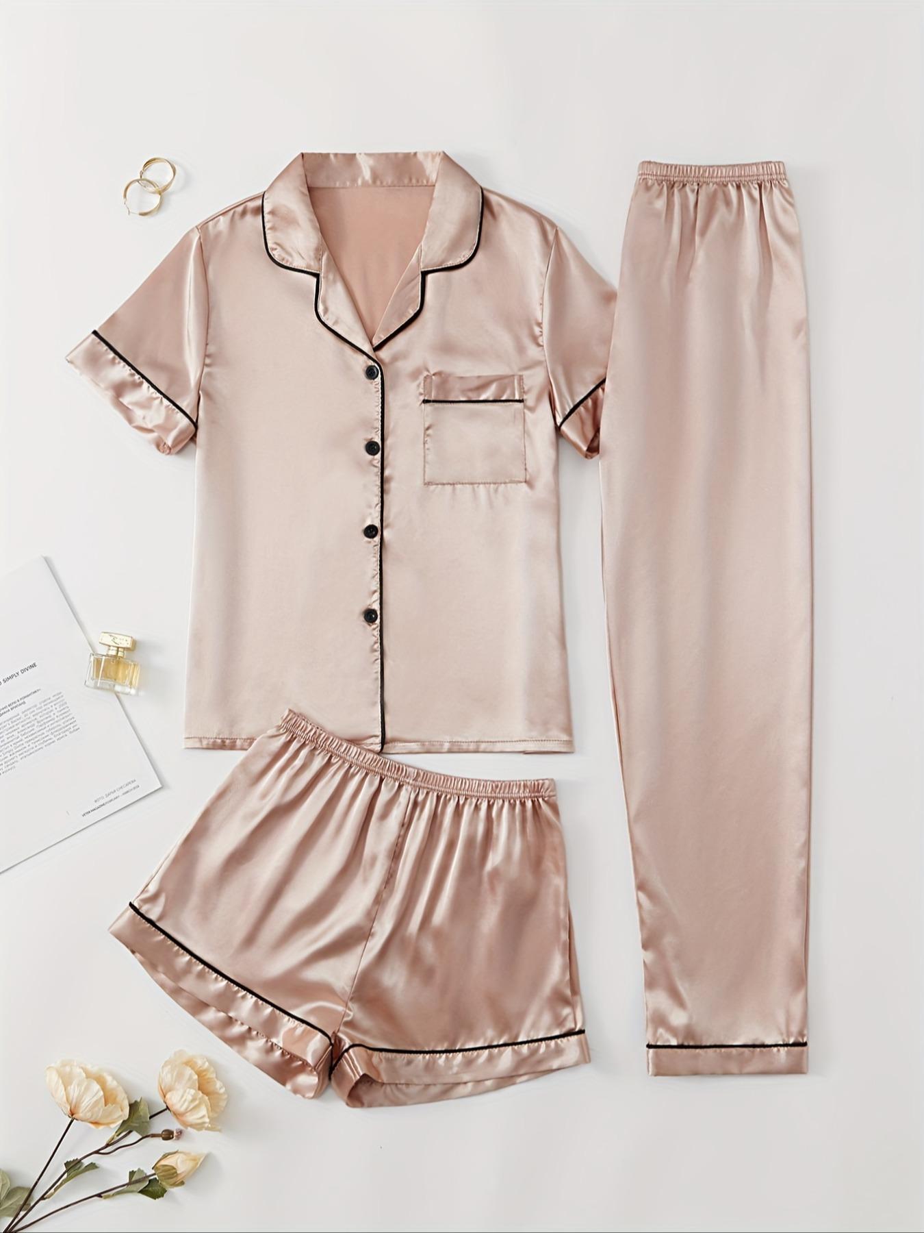 Women's 3pcs Solid Contrast Binding Lapel Collar Button Front Shirt & Elastic Waist Shorts & Pants Satin Pyjama Set, Casual Comfy Top & Shorts & Trousers PJ Set, Pajama Set, Ladies Summer Sleepwear