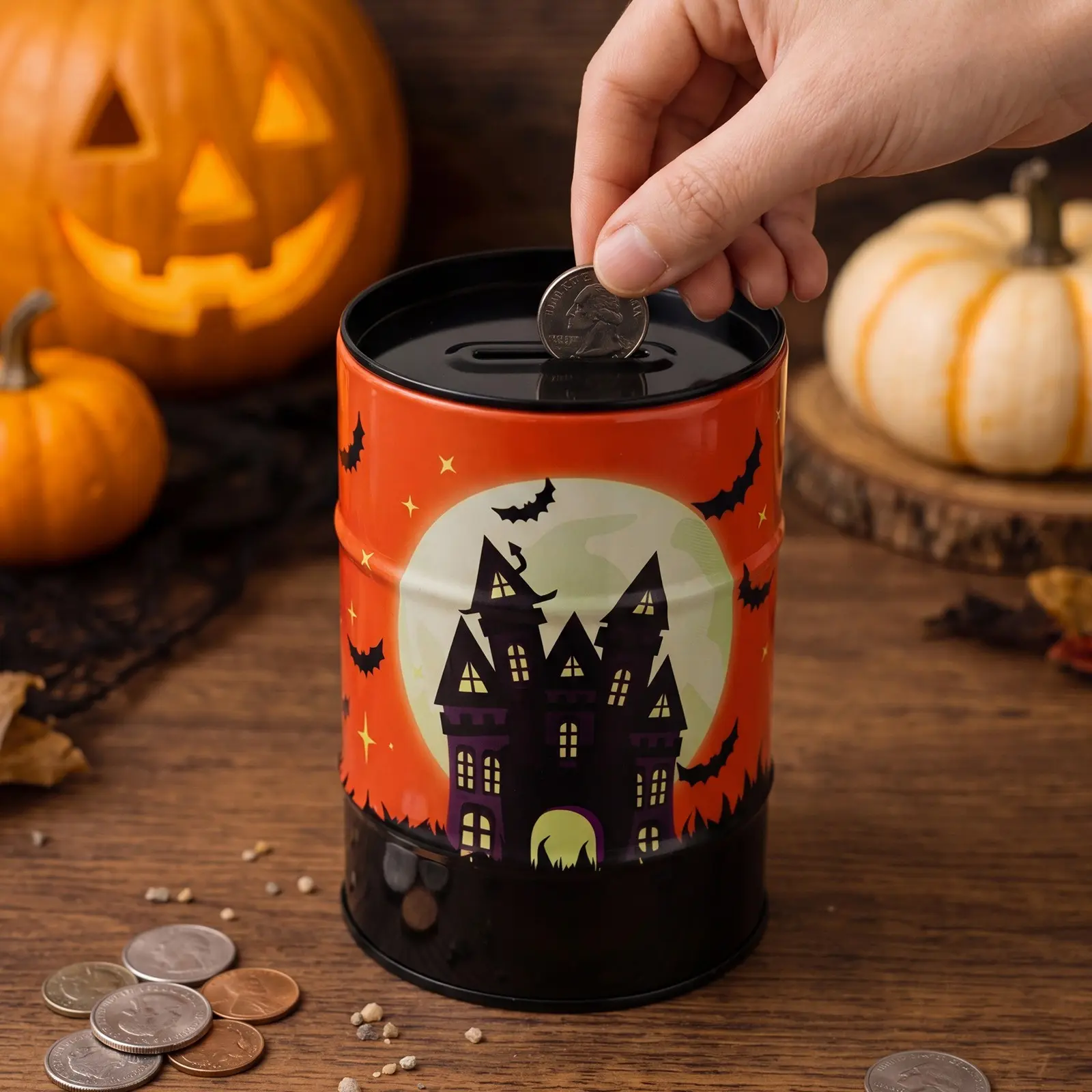 Halloween Tin Money Box, Ghost House Castle Pattern Decorative Savings Jar, Festival Gift Iron Saver, Unique Holiday Ornament