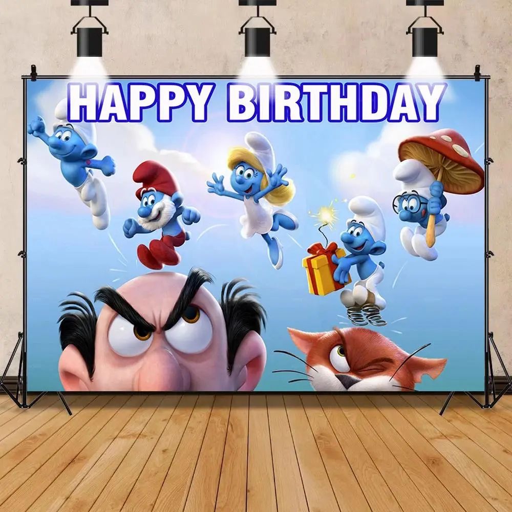 Blue Smurfs Birthday Party Background Backdrop Cartoon Village Scene Banner Tapestry Wall Hanging Photography Background Polyester Fiber for home decor, themed parties, event photography, studio photo booth