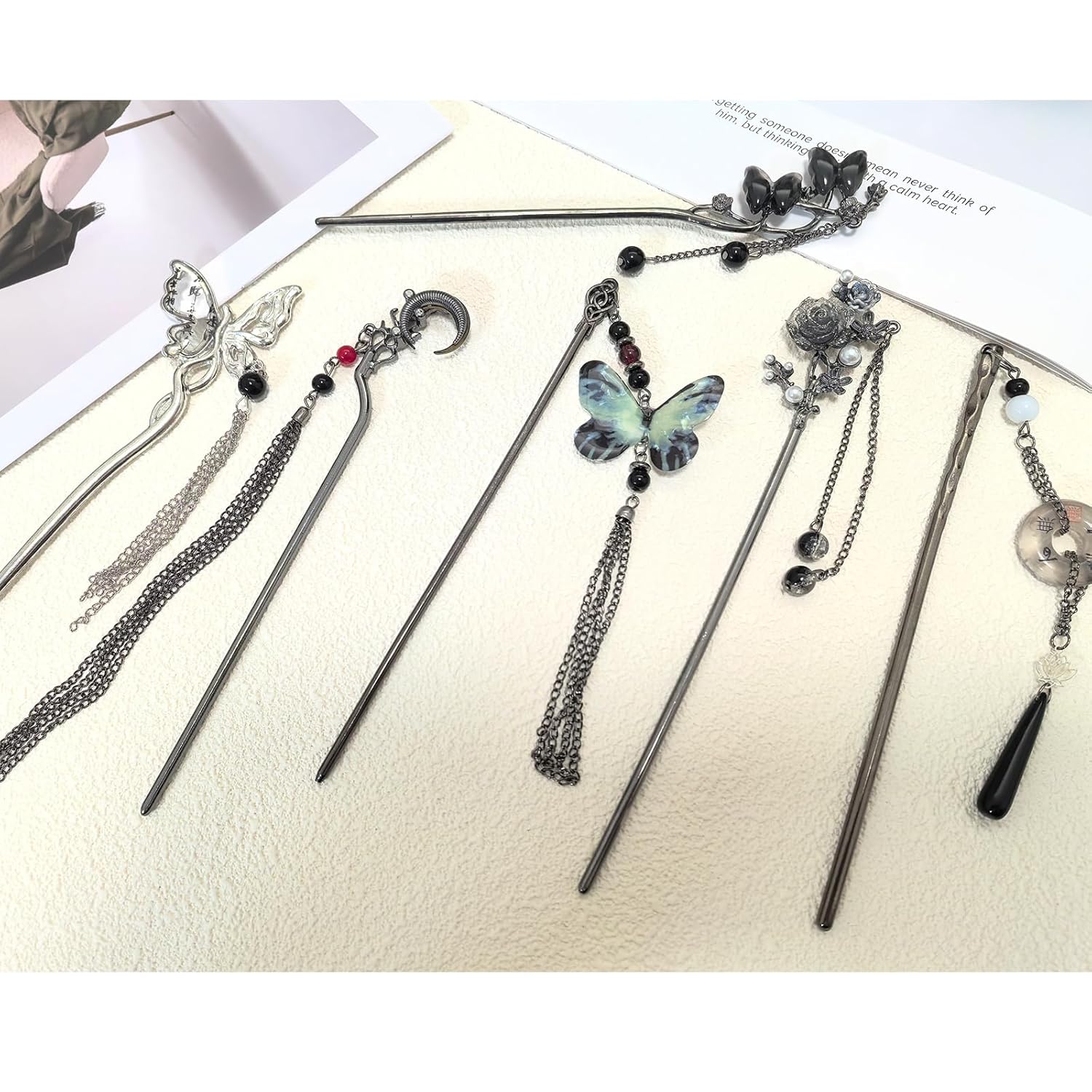 6 Pcs Vintage Chinese Hair Sticks for Buns Floral Butterfly Moon Tassels Women Amazon.com : Snadulor 6 PCS Chinese Flower Hair Sticks  main image 3