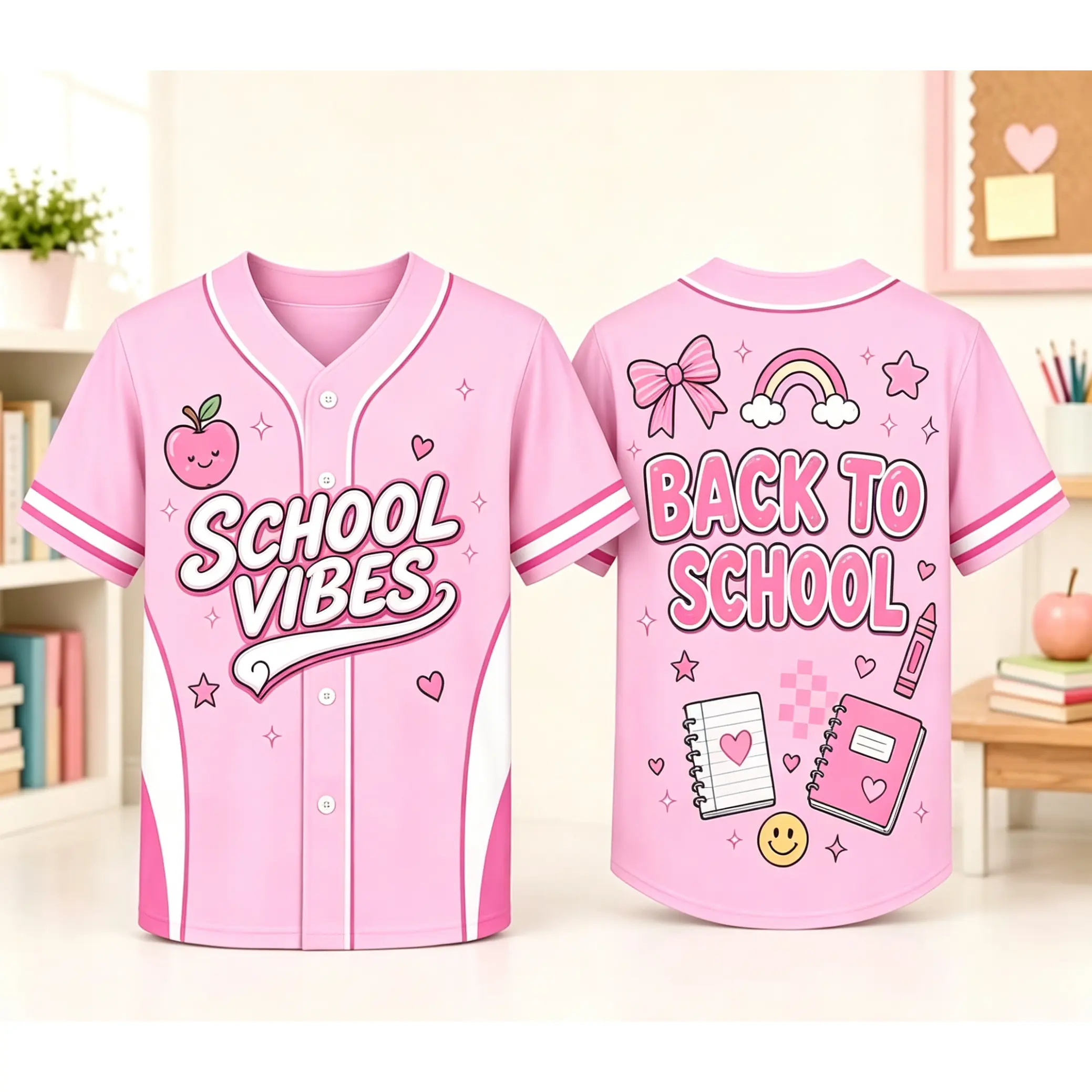 School Vibes Back To School Baseball Jersey, Apple Rainbow Bow Notebook School Supply Graphic Button Up Short Sleeve Uniform For Students First Day Outfit #   TikTokMadeMeBuyIt # TikTokShop # BackToSchoolJersey # Baseball Jersey