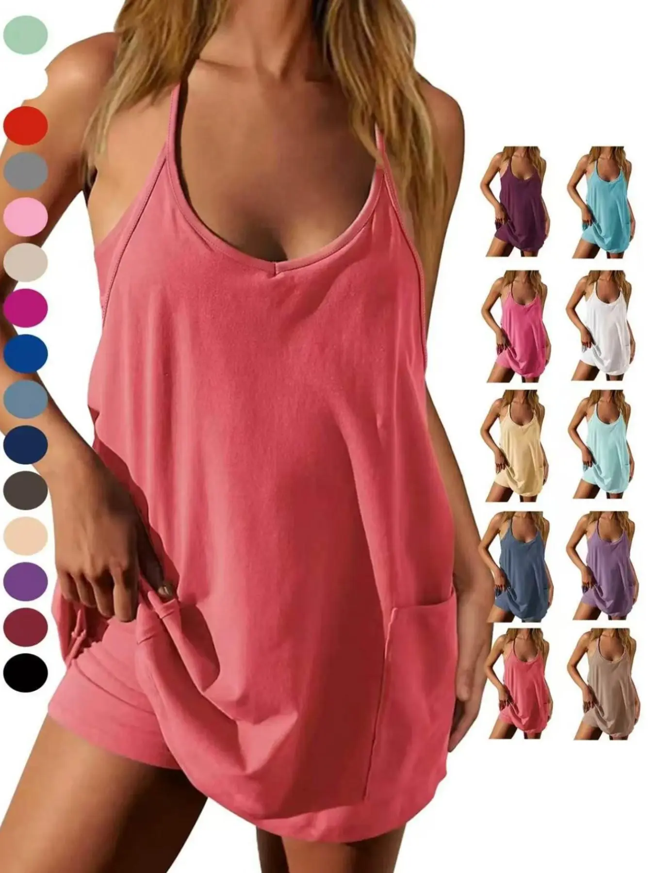 2026 Women's Summer Sleeveless Mini Dress with Built in Shorts V Neck Spaghetti Straps Athletic Shorts Tennis Dress with Pockets