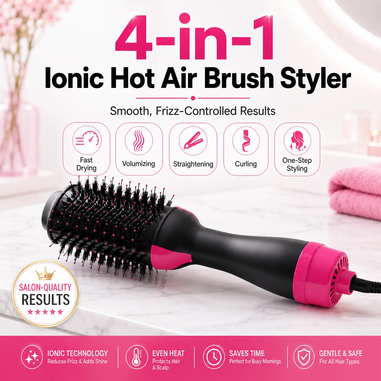 4-in-1 Ionic Hot Air Brush Styler – Fast-Drying Blow Dryer Brush for Volumizing, Straightening & Curling, Salon-Quality One-Step Hair Styling Tool for Smooth, Frizz-Controlled Results