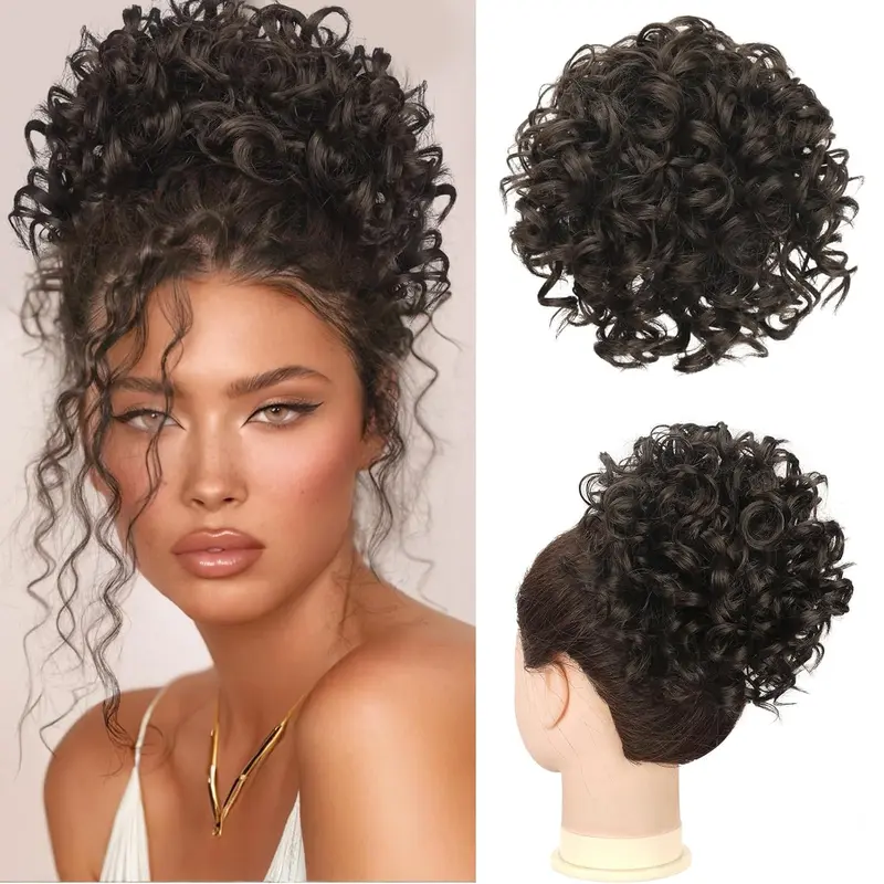 Short Curly Messy Bun Hair Ponytail Extension Elastic Drawstring Loose Hair Bun for Women with Thinning Hair High Temperature Synthetic Fiber Hair Bun Extension 80g