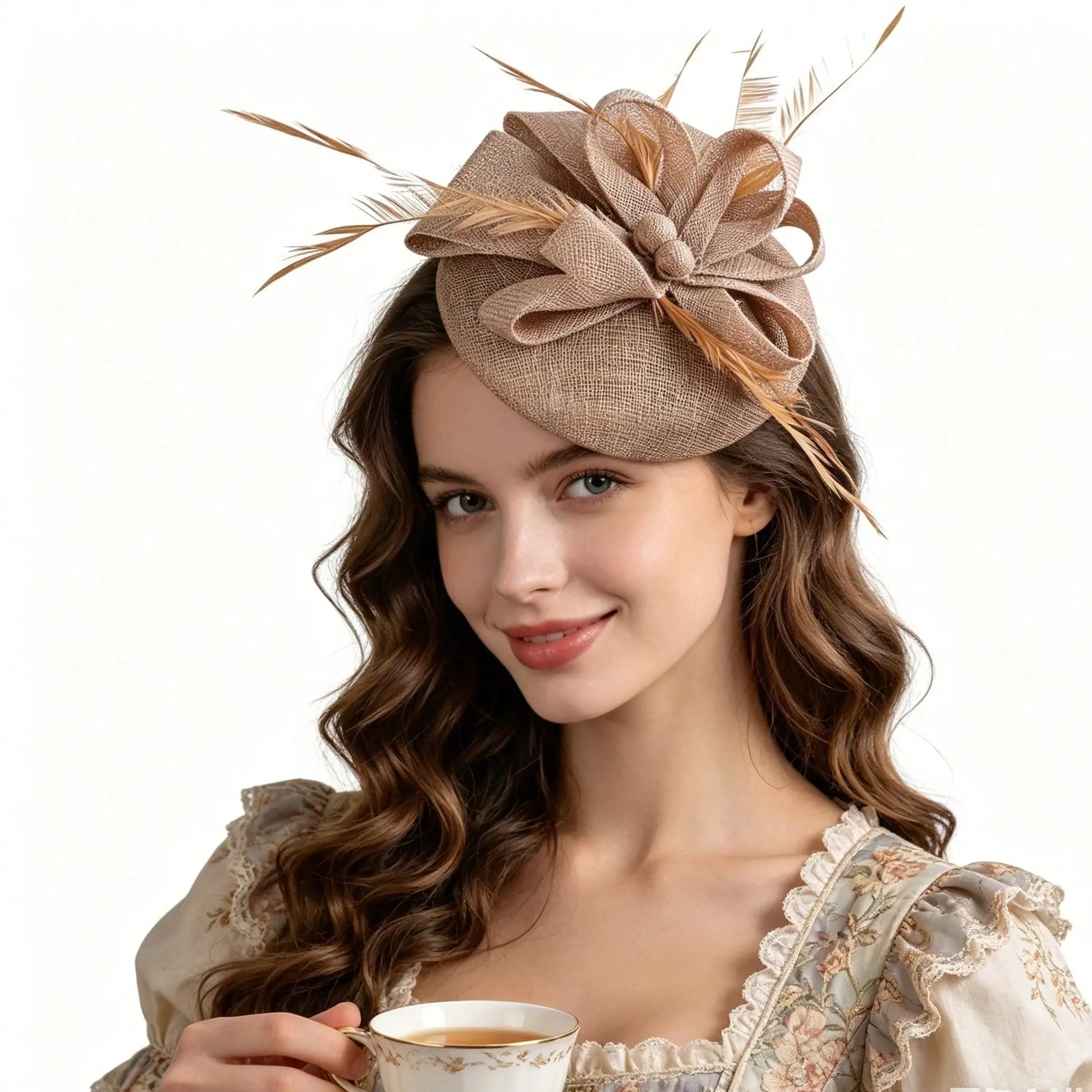 Women's Vintage Linen Plain Pillbox Fascinator Hat - Feather Accents, Bow Detail - Formal Headwear for Weddings, Kentucky Derby Tea Parties, Beige