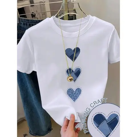 Women's Breathable Heart-Graphic Cotton Short-Sleeve T-Shirt - Loose-Cut Round Neck, Retro Soft Casual Top, Sports & Outdoor Streetwear, Cold-Wash Friendly, Denim Jeans Compatible Shirts for Women