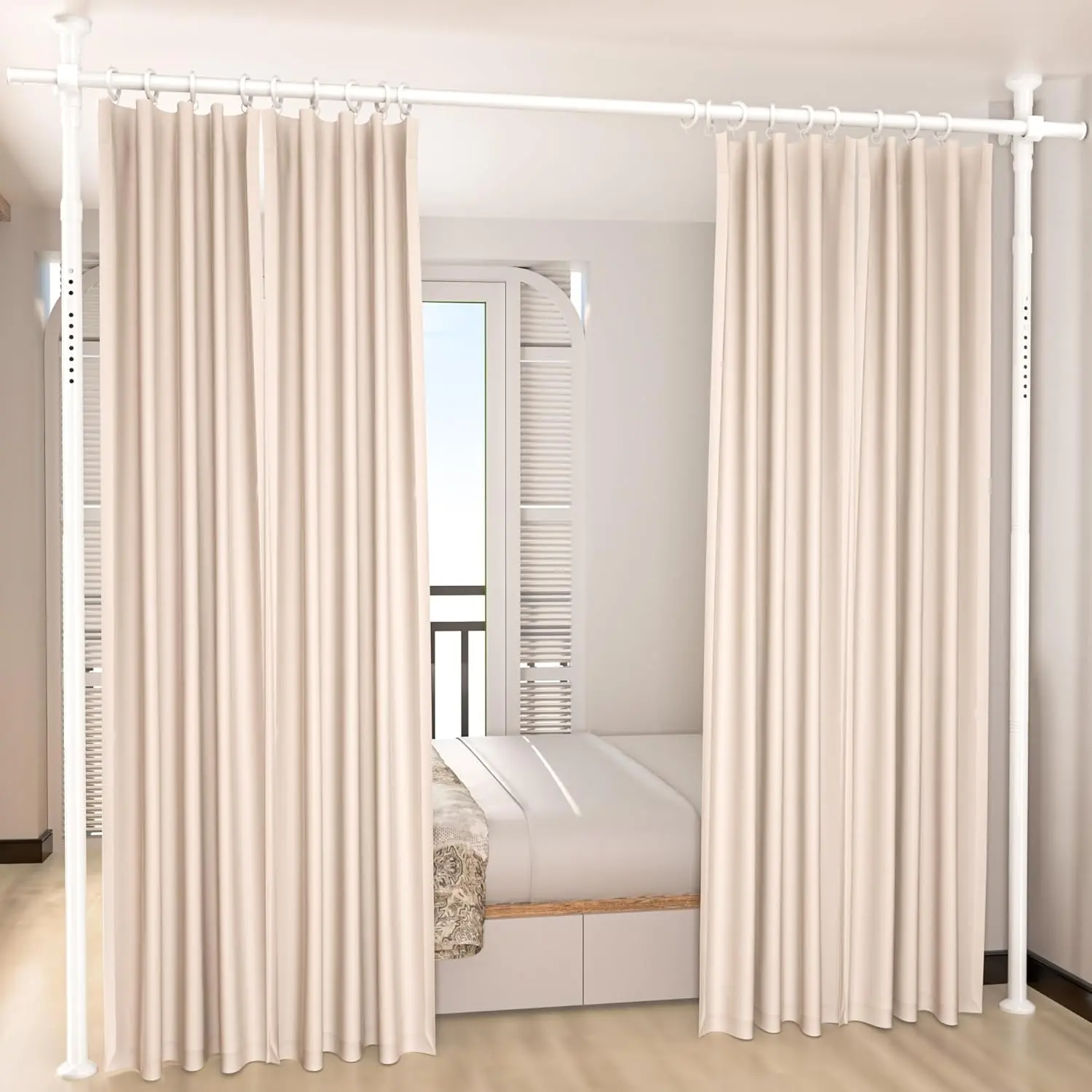 Room Divider, Tension Curtain Rod No Drilling, 4-10ft(H) 28-70inch(W) Wall Divider for Room Separation, Heavy Duty Adjustable Folding Privacy Screens, White