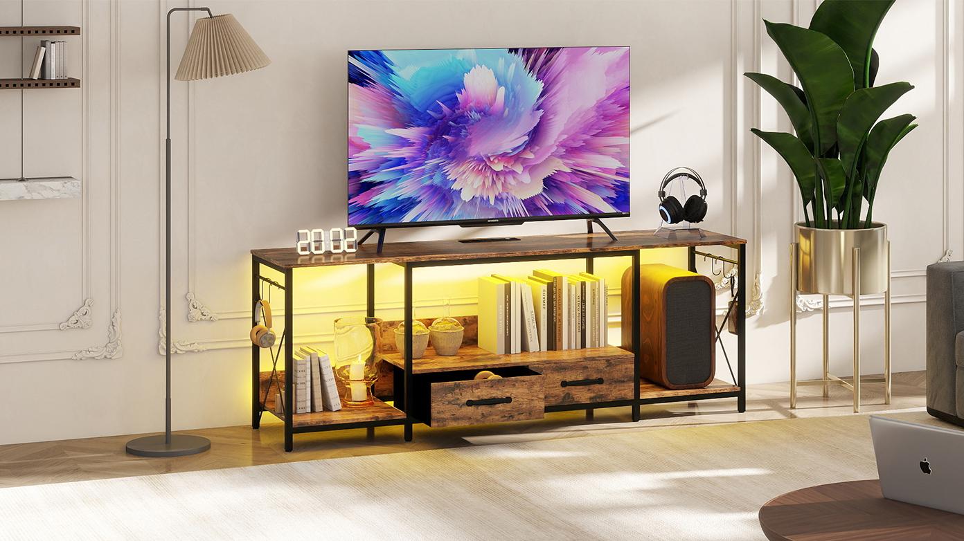 [Bellemave]TV Stand with LED Lights Power Outlets  -  TV Stand with Fabric Drawers for 65 70 75 Inches TV - Entertainment Center and Industrial TV Console Table with Open Storage Shelves for Living Room, Bedroom