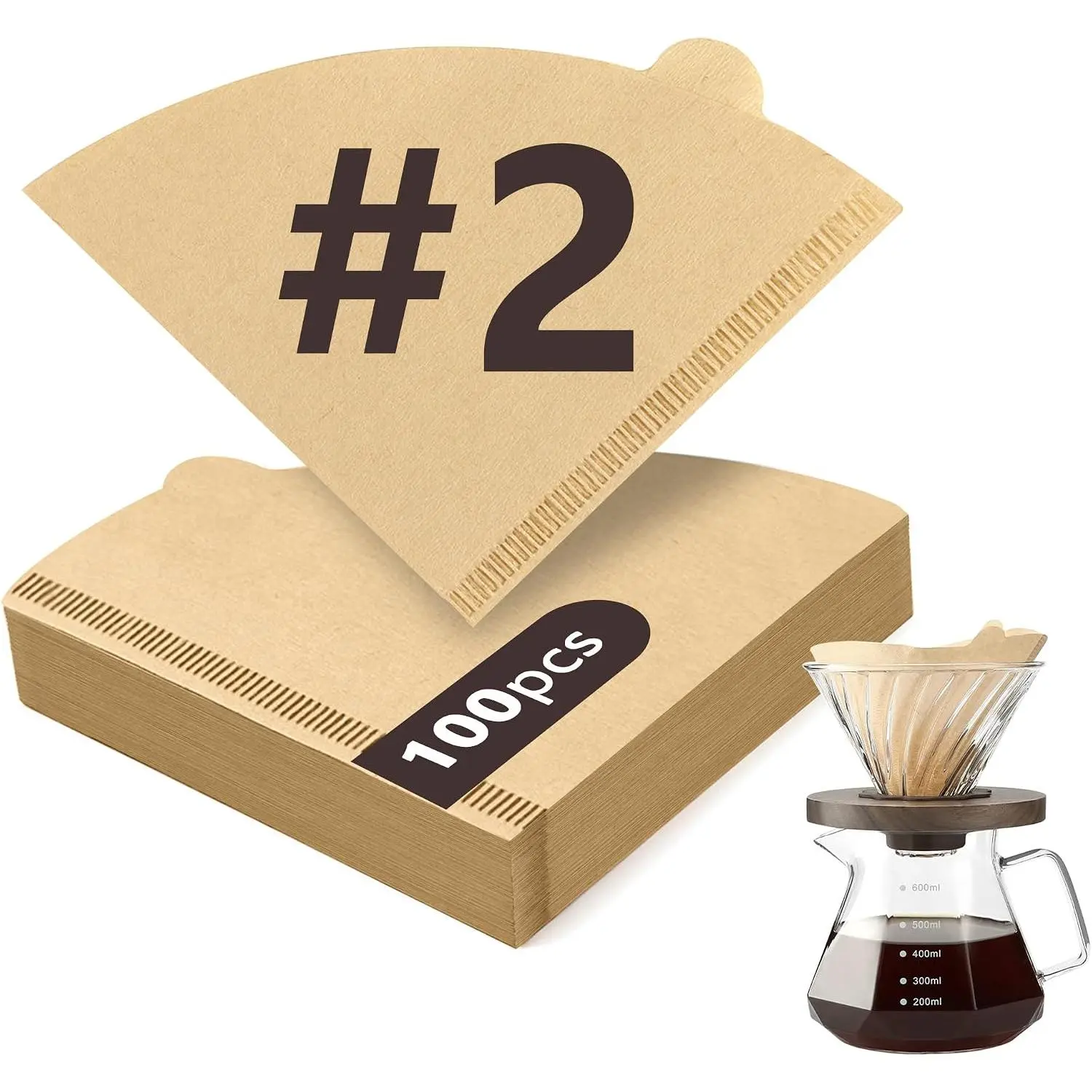 100 count Cone Coffee Filters #2, Unbleached Coffee Filter Size 02 for 2-6 cup