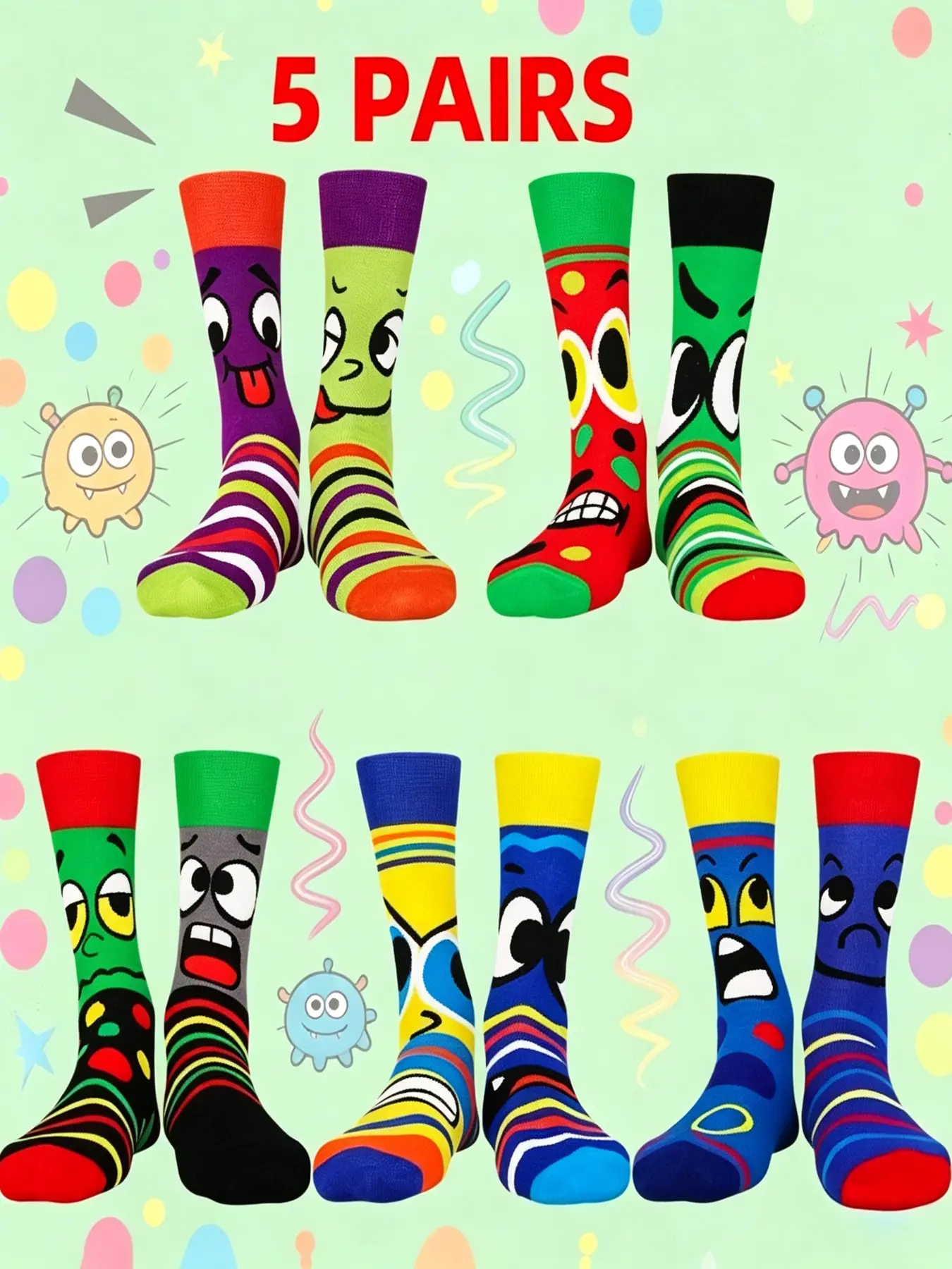 5 Pairs Fun Cartoon Expression Men's Crew Socks, Bright Colors, Stripes, Funny Faces, Comfortable, Ideal for Home, Parties, Daily Wear, Gifts