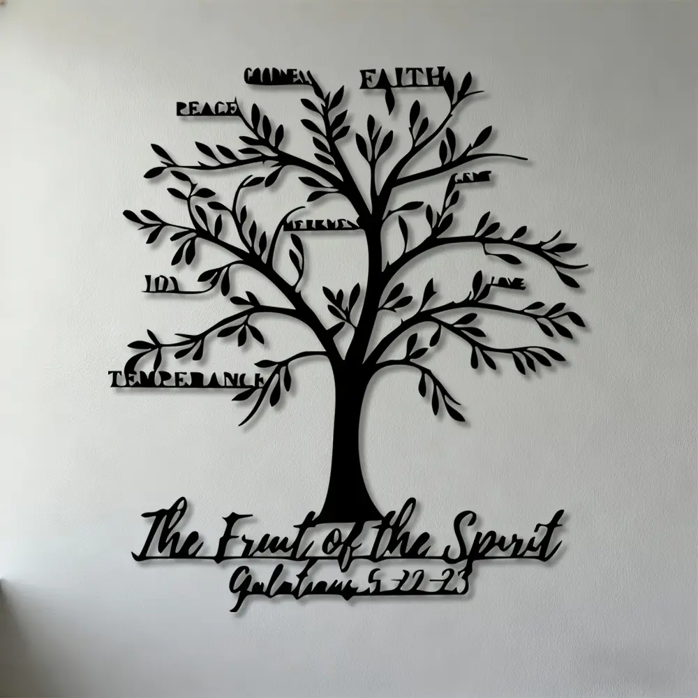 2D plane, a piece of 'Galatians 5:22-23 Fruit of the Spirit' metal wall decoration — scripture decor featuring a Fruit of the Spirit chart, iron scripture hanging board, suitable for decorating office, living room, or bedroom, 2D plane