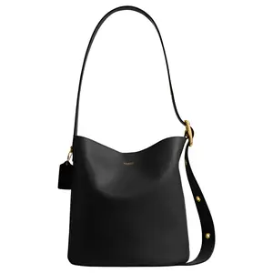 Coach Bleecker 28 Leather Bucket Bag for Women, Metallic Logo Hardware, Large Size, Black
