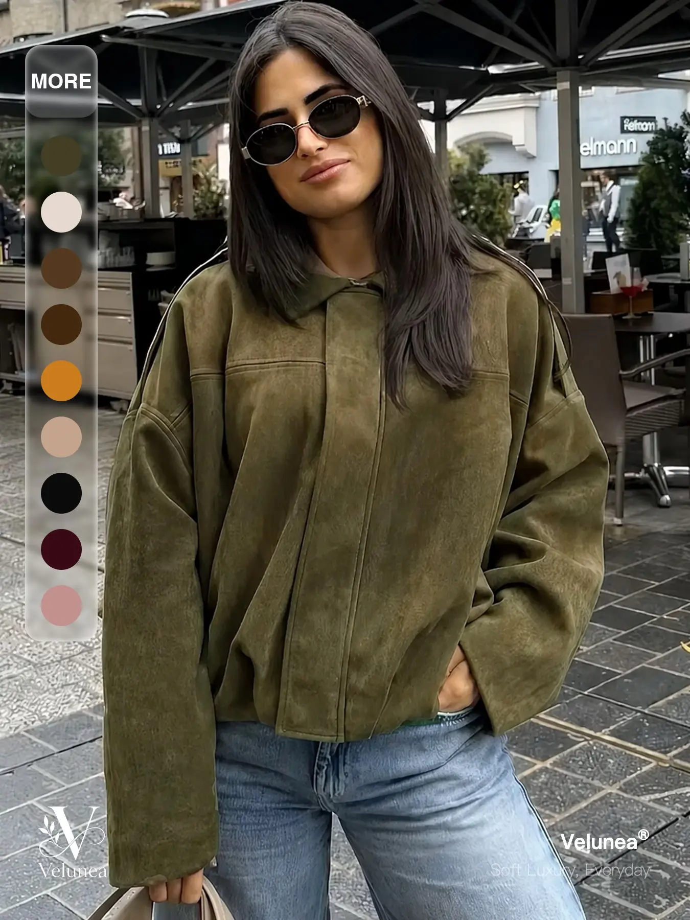Velunea Women's Faux Suede Shacket, Oversized Cropped Collared Shirt Jacket, Relaxed Fit Vintage Casual Fall Everyday Outerwear Vibe