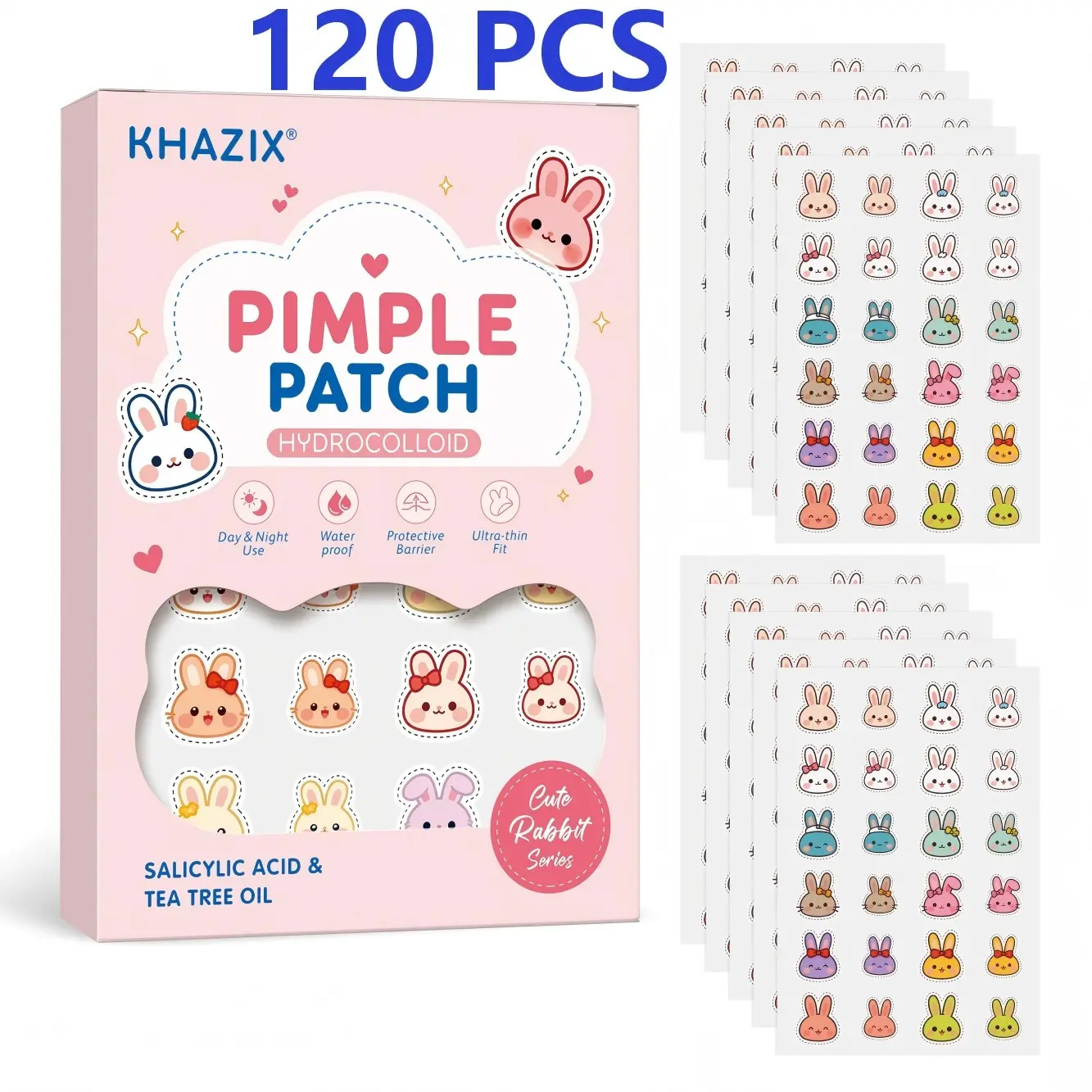 Cute Rabbit Pimple Patches (120 Pcs), Hydrocolloid Acne Absorbing Stickers, Fast-Acting Blemish Spot Cover, Makeup-Friendly, Tea Tree