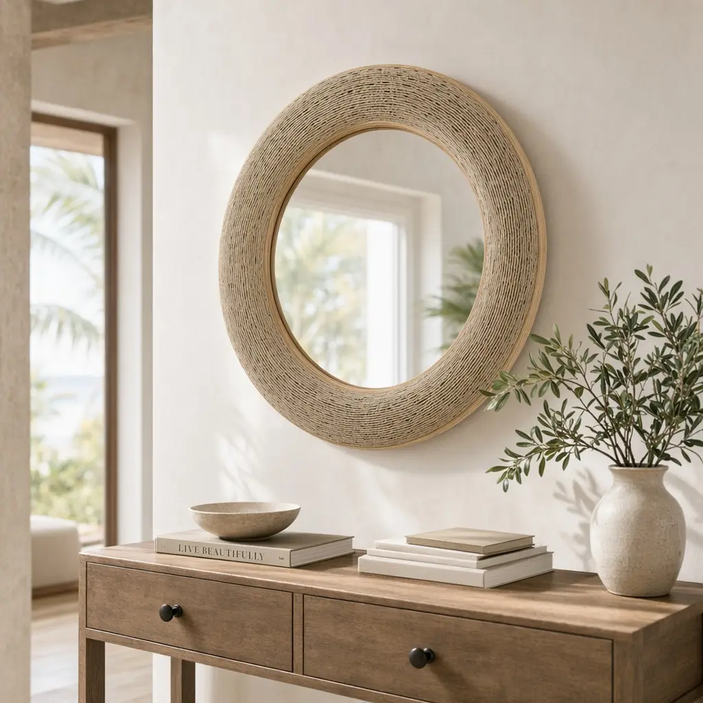35.5-Inch ARCH Round Woven Bamboo-Enhanced Decorative Wall Mirror - Brown MDF, Glass, Plastic, Lightweight Box-Packaged Oversized Statement Mirror for Living Room, Entryway - Coastal-Inspired Artisanal Room Decor Focal Point