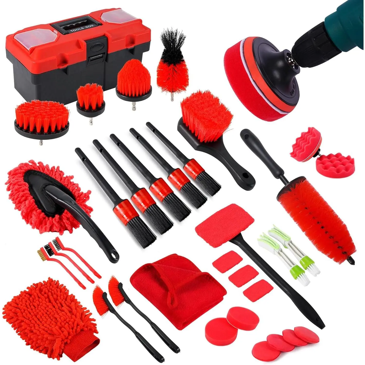 35Pcs Car Detailing Kit with Cleaning Brushes, Windshield Cleaner Tool, Long Wheel Brush, Angled Brushes, Polishing Pads, Wax Pads, Red Tool Box, Gift for Men