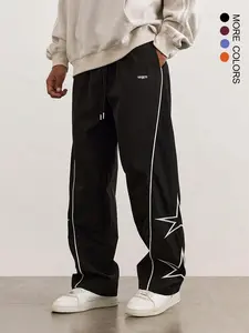 Neutral Style Star Pattern Loose Straight Leg Sports Pants, Unisex Vintage Striped, Comfortable Breathable Design, Daily Wear, Casual Home Use