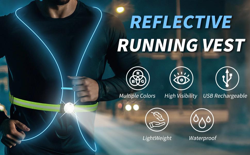 LED Reflective Running Vest with Front Light,Running Lights for Runners,Reflective Running Gear for Men/Women Running,Cycling or Walking, High Visibility Warning LED Lights