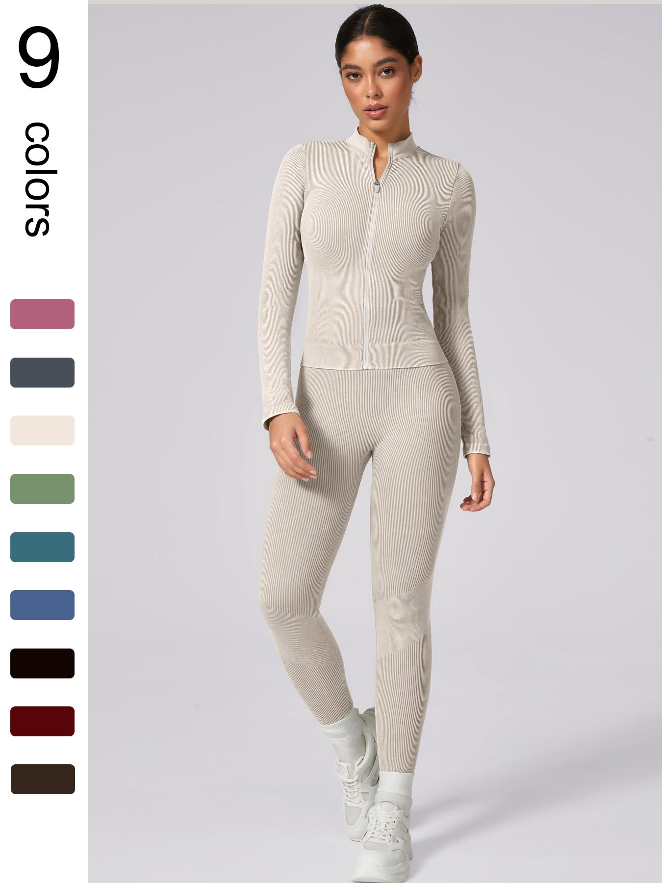 Women's Plain Tracksuit Set, Sports Zip Up Crop Jacket & High Waist Leggings, Ladies Spring & Fall Clothes, Gym Wear, Yoga Suit Outdoor