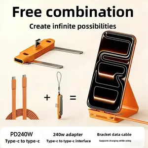 240w Super Fast Charge, 360° Rotating Hidden Stand, Detachable Two-In-One Charging Cable, Zinc Alloy Silicone Type-C Data Cable
