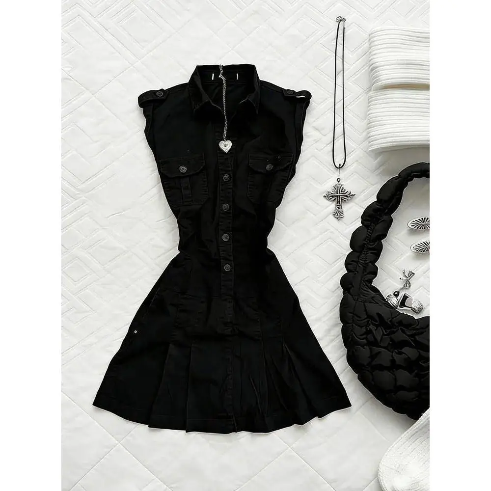 Y2K Gothic Lolita Black Cargo Pocket Cross Mini Shirt Dress Waist Cinched 2000s Casual Street Club Outfit New