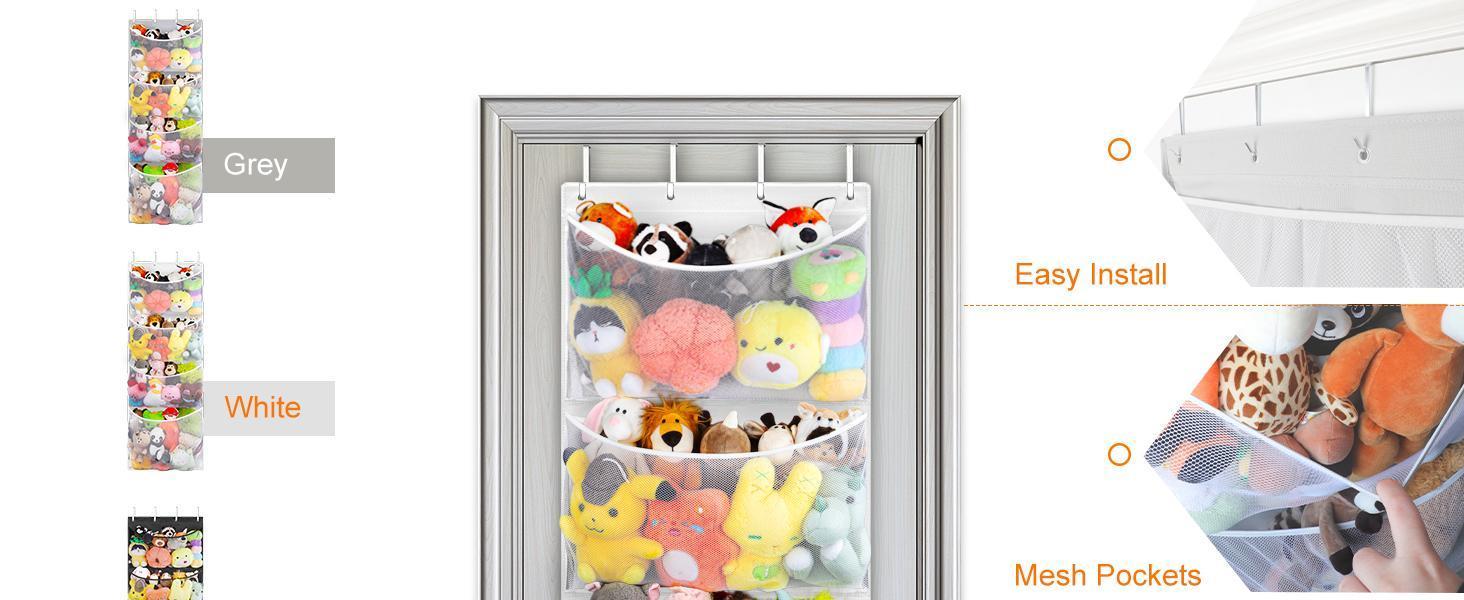 SUNDAY MIRTH Hanging Stuffed Animal Storage, Over Door Large Plush Toy Organizer with Metal Hook, Baby Accessory Holder Idea for Nursery, Doll & Bear Mesh Hammock Bag for Girl Boy Kid Room