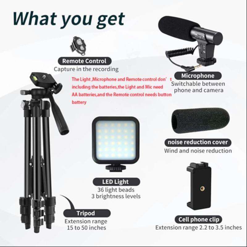 Smartphone Video Kit, Vlogging Kit with Microphone Light Tripod, 50 Inch Extendable Phone Clip Remote Control Compatible with iPhone/Smartphone/Cameras