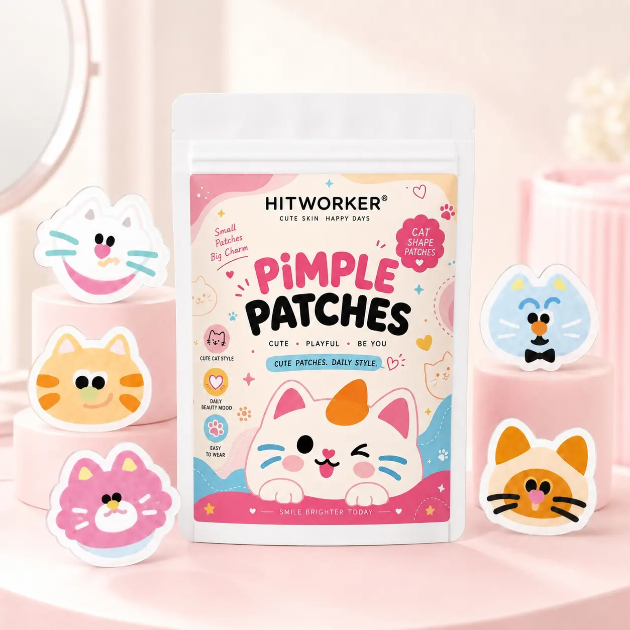 Hitworker Cat Shape Hydrocolloid Spot Patches, Cute Mixed Cat Designs, Thin & Comfortable Face Patches, 120/240 Pcs for Day & Night