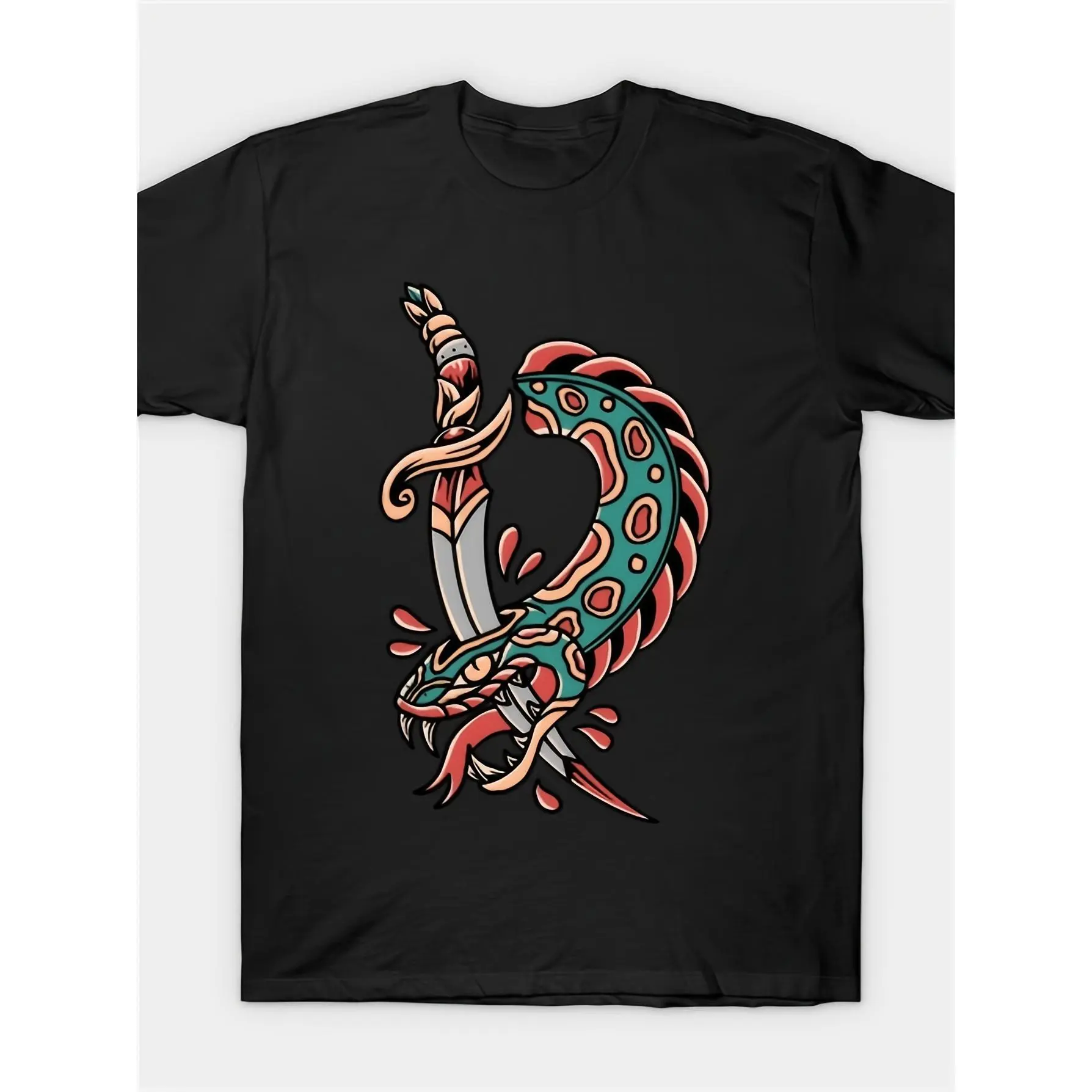 A Men'S Snake Tattoo Pattern T-Shirt - Black Casual Short-Sleeve Round Neck, Featuring Vibrant Green And Red Artistic Prints, Suitable for Birthday Parties, Everyday Wear, And Gifts