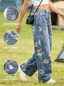 Y2K 90s Street Style High Waist Floral Print Wide Leg Jeans, Washed Denim Fabric, Comfortable Long Pants with Pockets, Ideal for Outdoor Activities