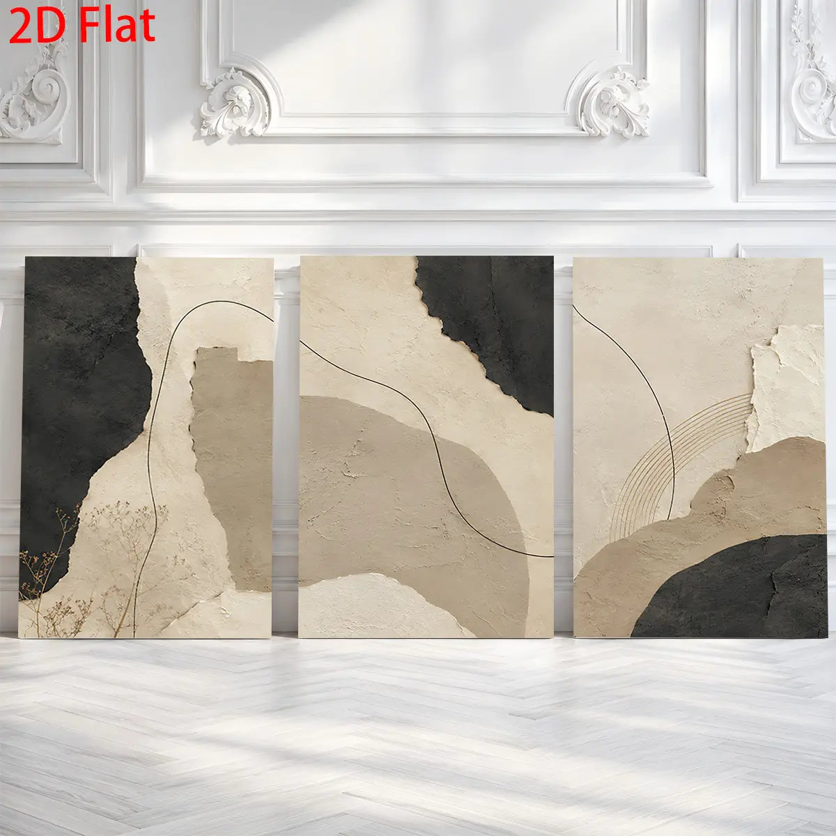 Three-piece two-dimensional wall decoration - three abstract paintings, featuring beige and black as the main colors, complemented by the curved lines within the white room. Themed canvas wall art, waterproof canvas prints, ready to haAesthetic Room Decor