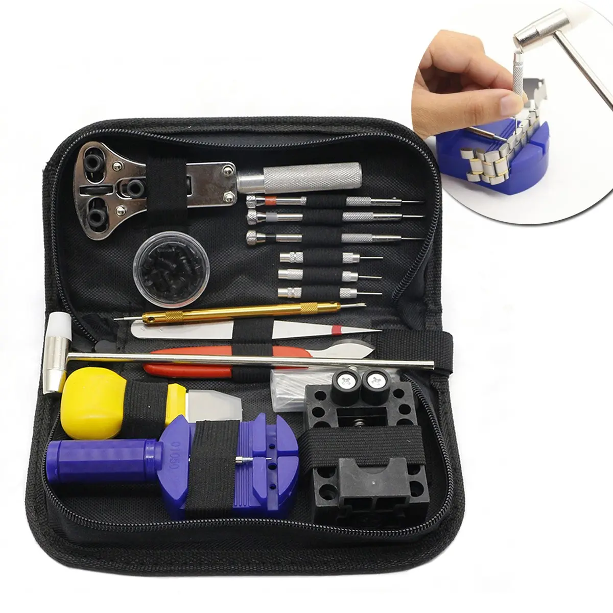 Watch Repair Kit, Battery Replacement Tool Set, Strap Adjuster, Chain Removal Kit, Case Opener, Spring Bar Tools, Pin Remover, Screwdriver, Back Cover Remover, Tweezers