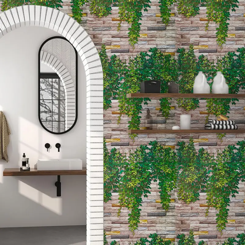 Retro brick green plant wall self-adhesive wallpaper entrance 3D background wall cafe studio decorative PVC wallpaper