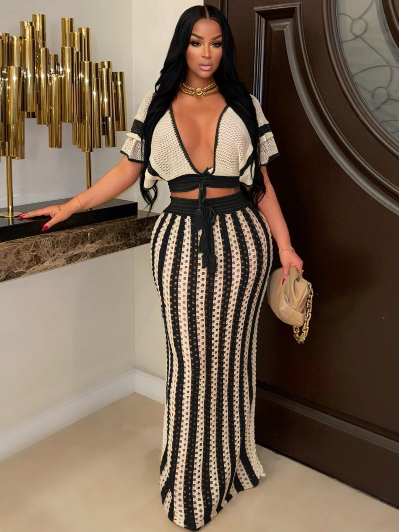 Two-piece Set Women's Colorblock Top & Striped Pattern Hollow Out Long Skirt, Casual Fashion Knitwear Set for Summer, Women's Clothing for Beach Vacation, Outfit Clothe Matching Skirt Set