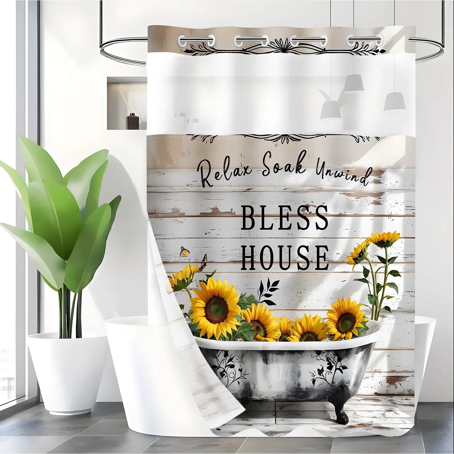Lvrlvr Hookless Shower Curtain With Snap In Liner, Detachable Inner Lining, Easy Installation and, Sunflower Theme, Floral Shower Curtains For Bathroom, 70.8x74 Inches