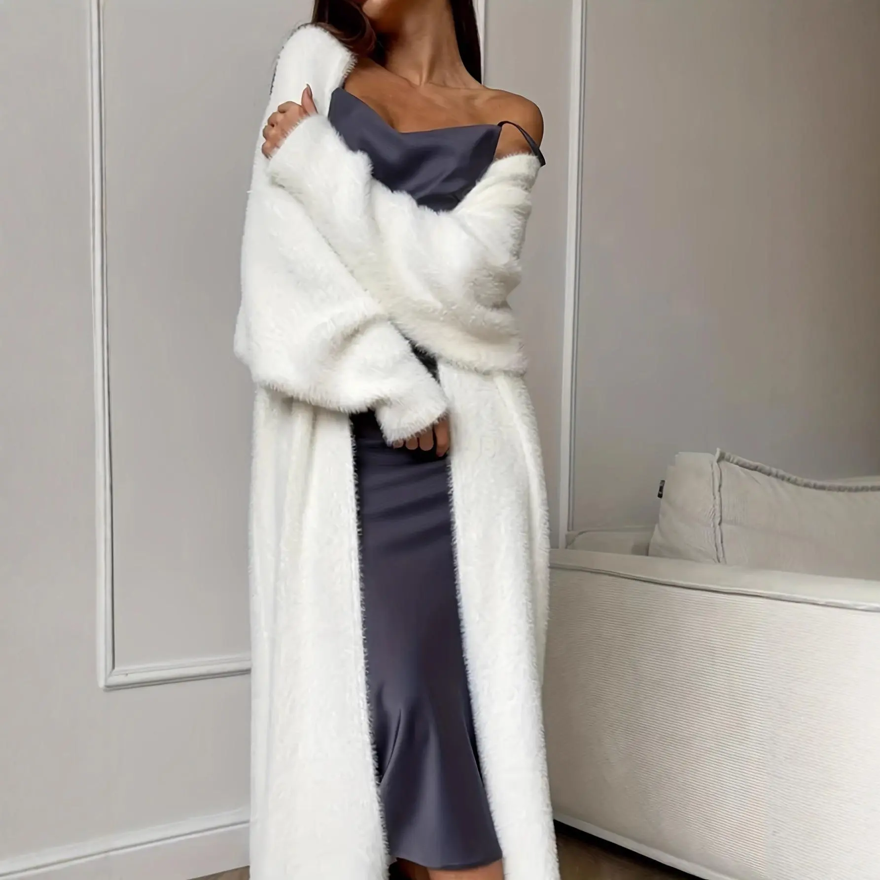 Women's Plush Fleece Cardigan, Loose Fit Long Sleeve Open Front Knitwear Sweater Coat for Autumn and Winter, Tops, Cardigans