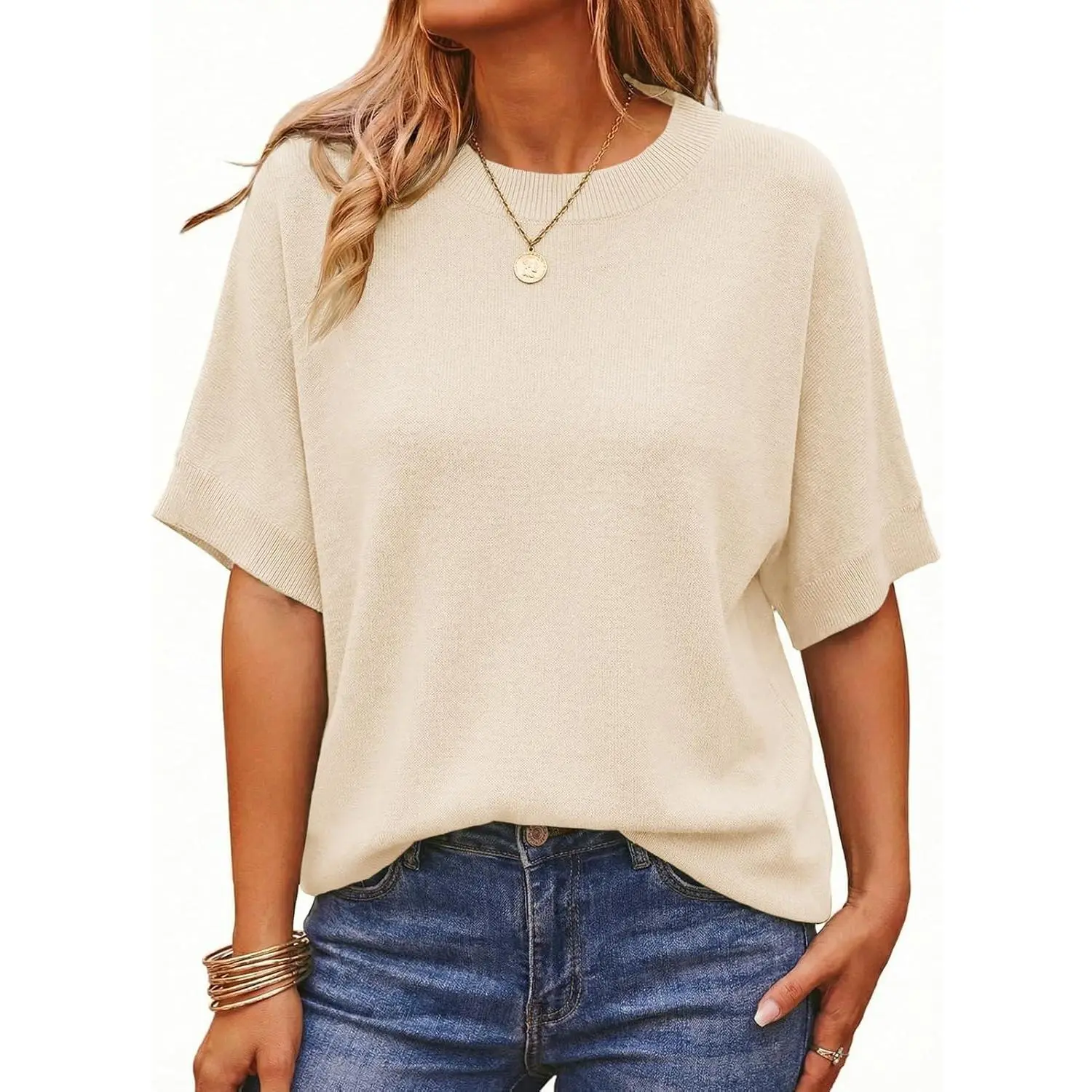 Saodimallsu Womens Short Batwing Sleeve Sweaters Oversized Crew Neck Casual Basic Knit Pullover Tops Shirt,back to school,back to school shopping, Baggy, Shortsleeve
