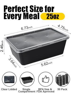 50 Pack Meal Prep Container, Disposable Lunch Box, Food Storage Washable Containers with Lids, Reusable Plastic Bento Box Microwave/Dishwasher/Freezer Safe (750ML/ 26 OZ)