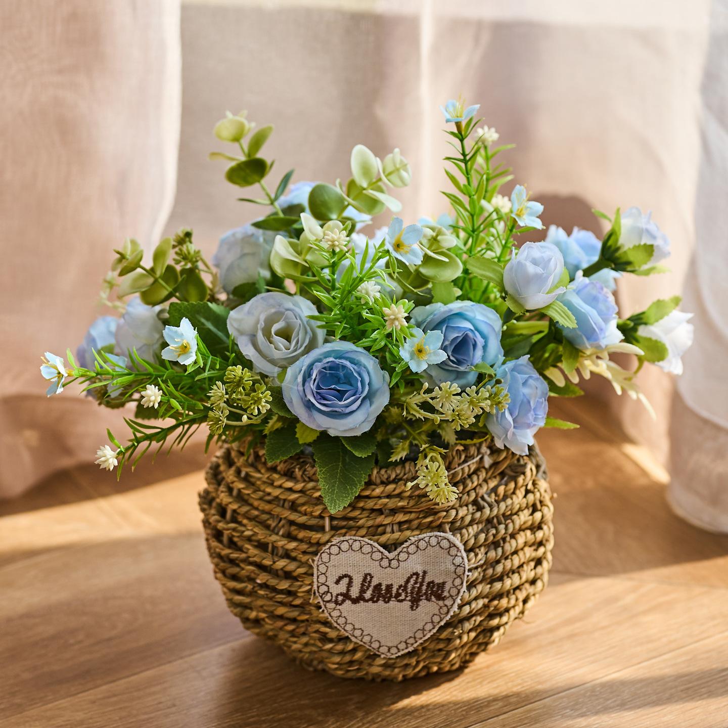 Rose & Sunflower Arrangement with Woven Grass Basket, Faux Floral Decor for Living Room & Dining Table White Babys Breath Bouquet