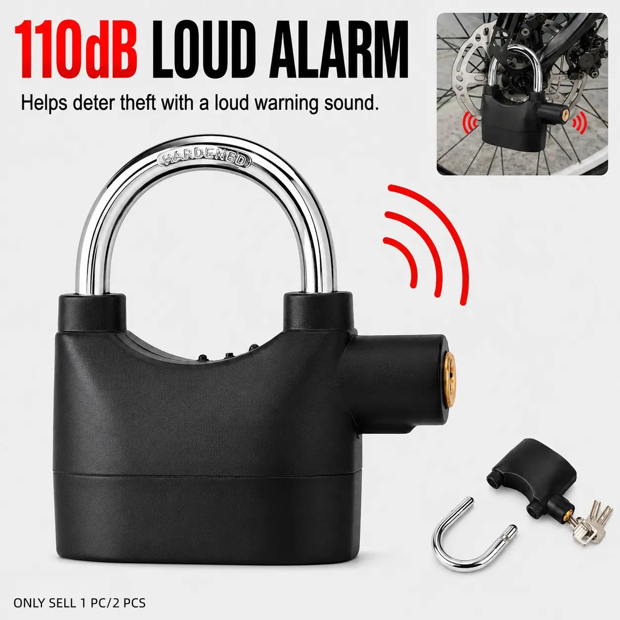 110dB Loud Alarm Padlock, Heavy Duty Outdoor Hanging Lock with 3 Keys, High-Security Anti-Theft Lock for Garage Doors, Fence Gates, Tool Boxes and Storage Units