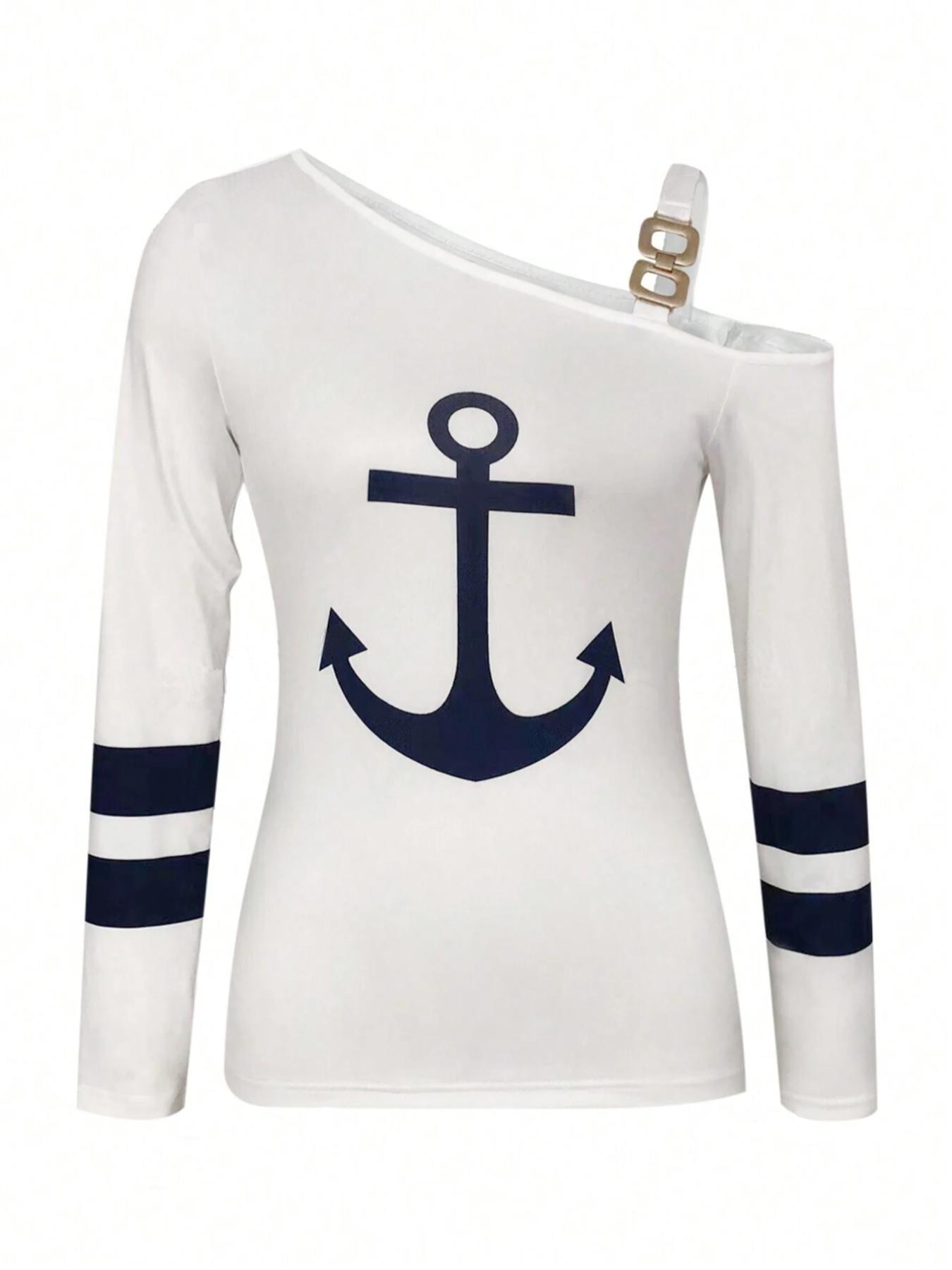 Women's Anchor Print Asymmetrical Neck Tee, Casual Long Sleeve Fitted T-shirt for Daily Wear, Ladies Clothes for All Seasons, Clothing, Top