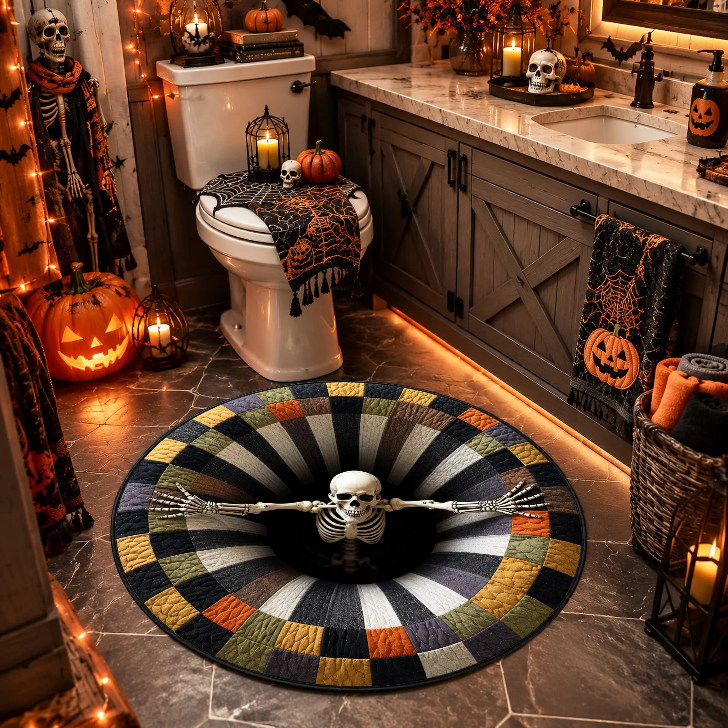 Halloween 3D Skeleton Illusion Round Rug, Spooky Optical Illusion Non-Slip Washable Area Rug, Fun Gothic Horror Floor Mat for Bedroom Living Room Entryway, Halloween Gift Home Decor