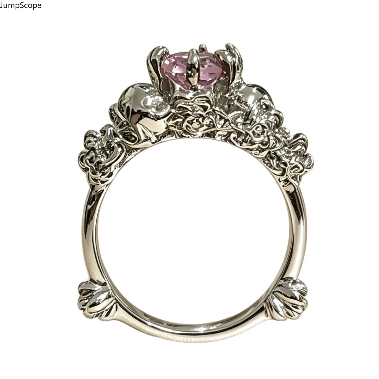 3D Carved Skull Rose Heart Pink Stone Gothic Wide Face Ring with MDF-Steel Build, Ideal for Punk Goth Styling, Dark Romantic Sentimental Gifts