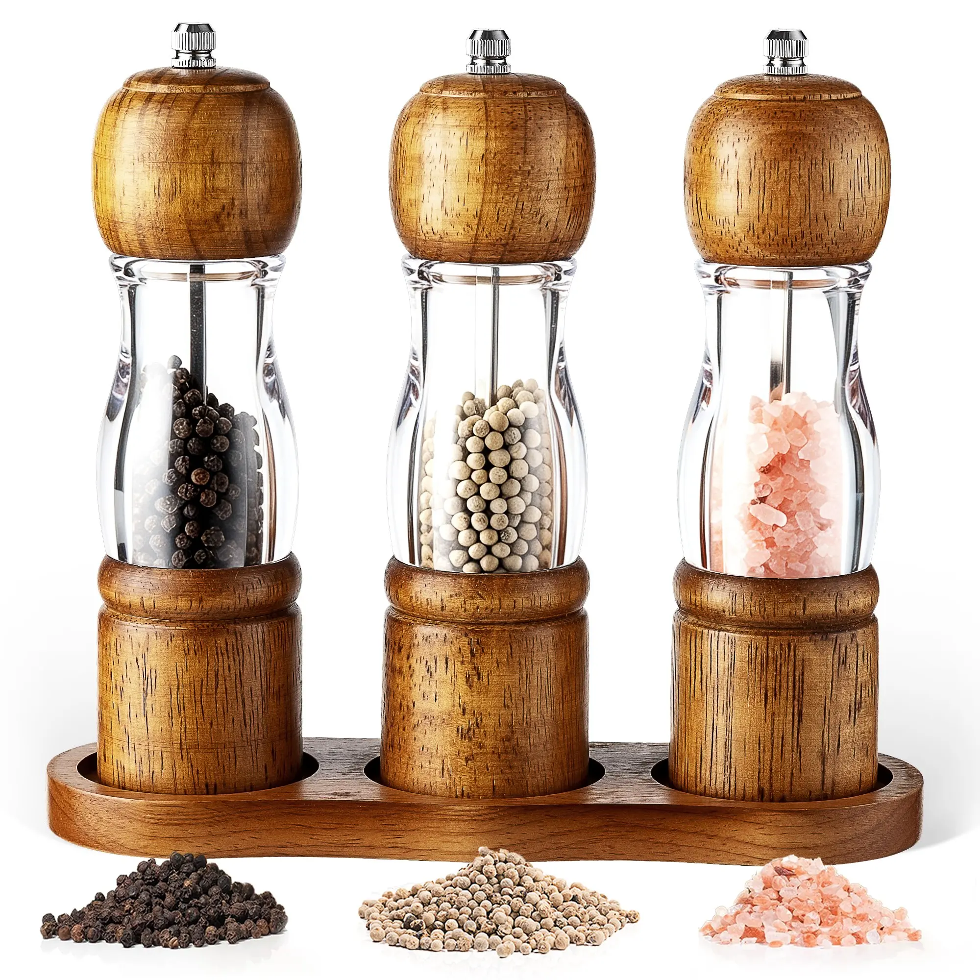 4pcs Wooden Sea Salt Pepper Grinder Set, Transparent Acrylic Body, Adjustable Coarseness, Wood Base, Kitchen BBQ Spice Grind Tool