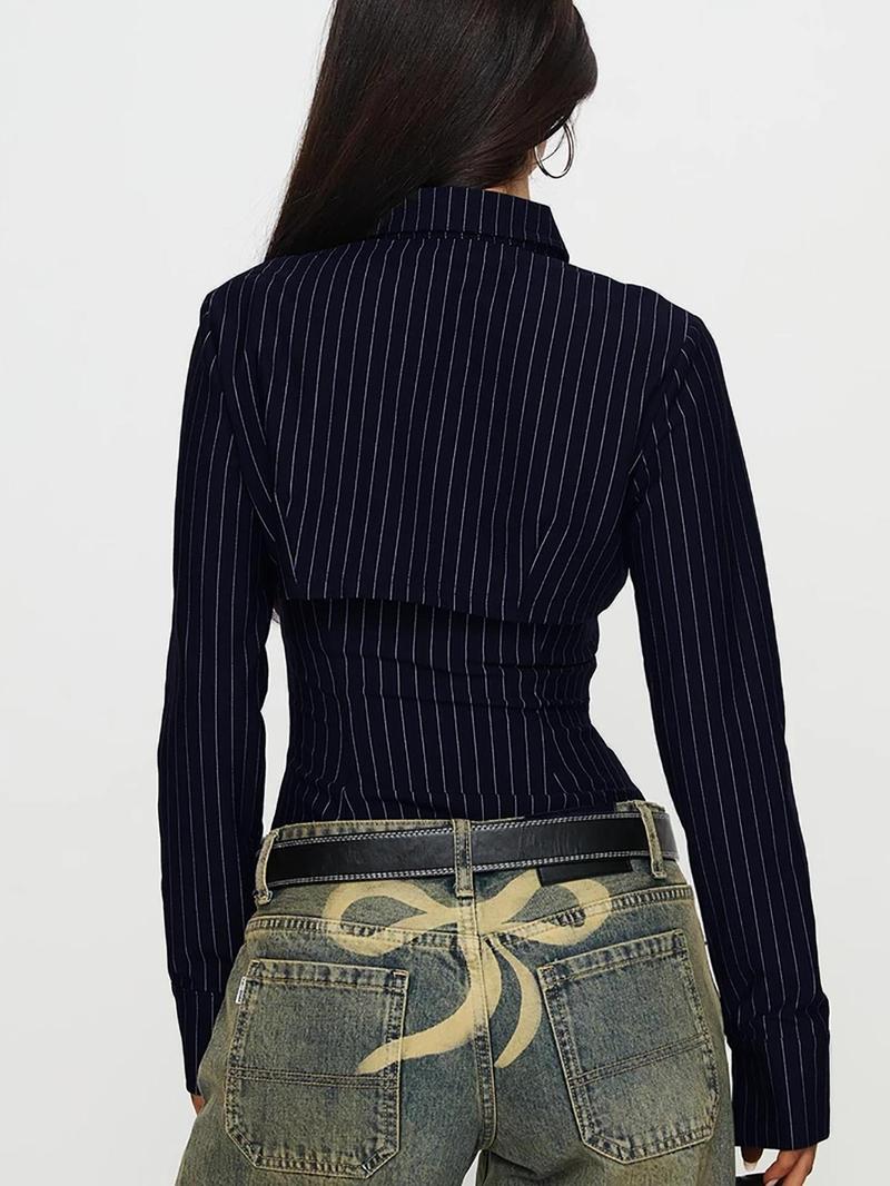 Women's Striped Print Cut Out Shirt, Button Up Shirt, Casual Blouse Shirts, Casual Long Sleeve Collared Top for Spring & Fall, Ladies Clothes for Daily Wear