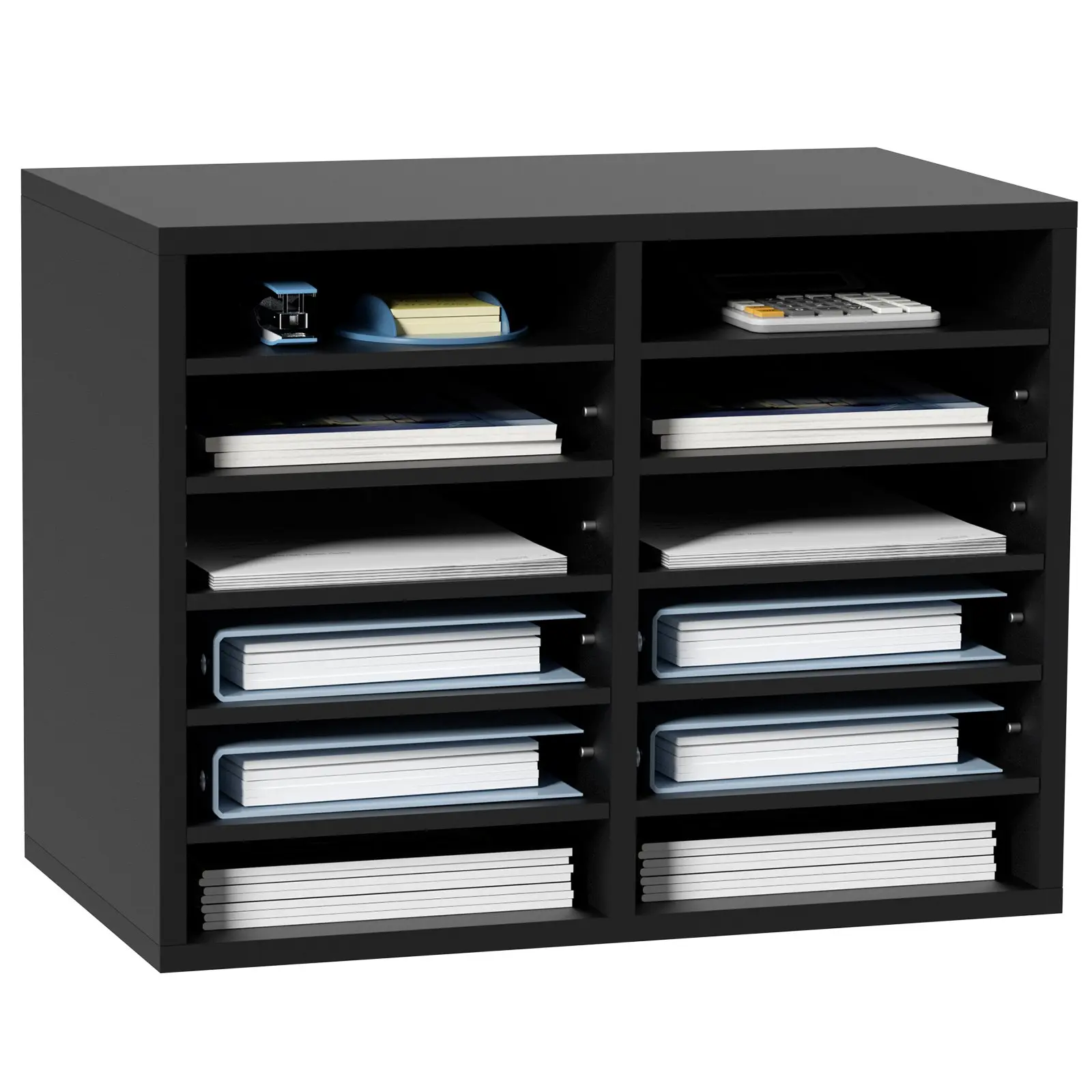 EPA Certified Black Wood Literature Organizer - 12-Compartment File Sorter with Removable Shelves, Mailroom Sort Mail Slot for Office, Home Organization