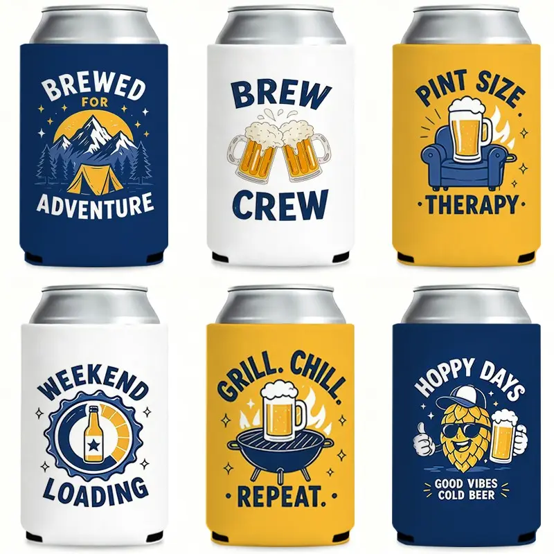 Funny Koozies for Party – "Happy Days, Good Vibes, Cold Beer" Can Cooler with Thermo coolers, Best Can Koozie for Cans, Perfect Koozies for Cans, Hilarious Gifts for Beer Lovers,  and Backyard Gatherings-6Pack