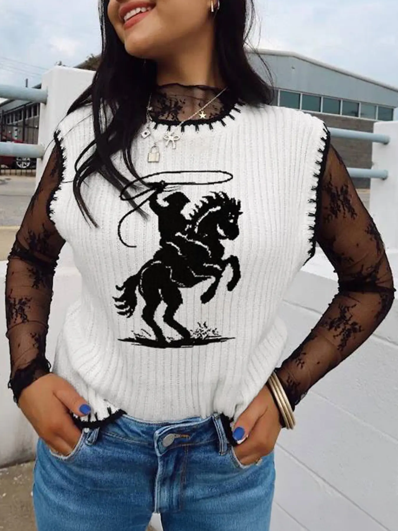 Women's Casual Contrast Trim Round Neck Rodeo Cowboy Sweater Vest, Sleeveless Pullover for All Seasons