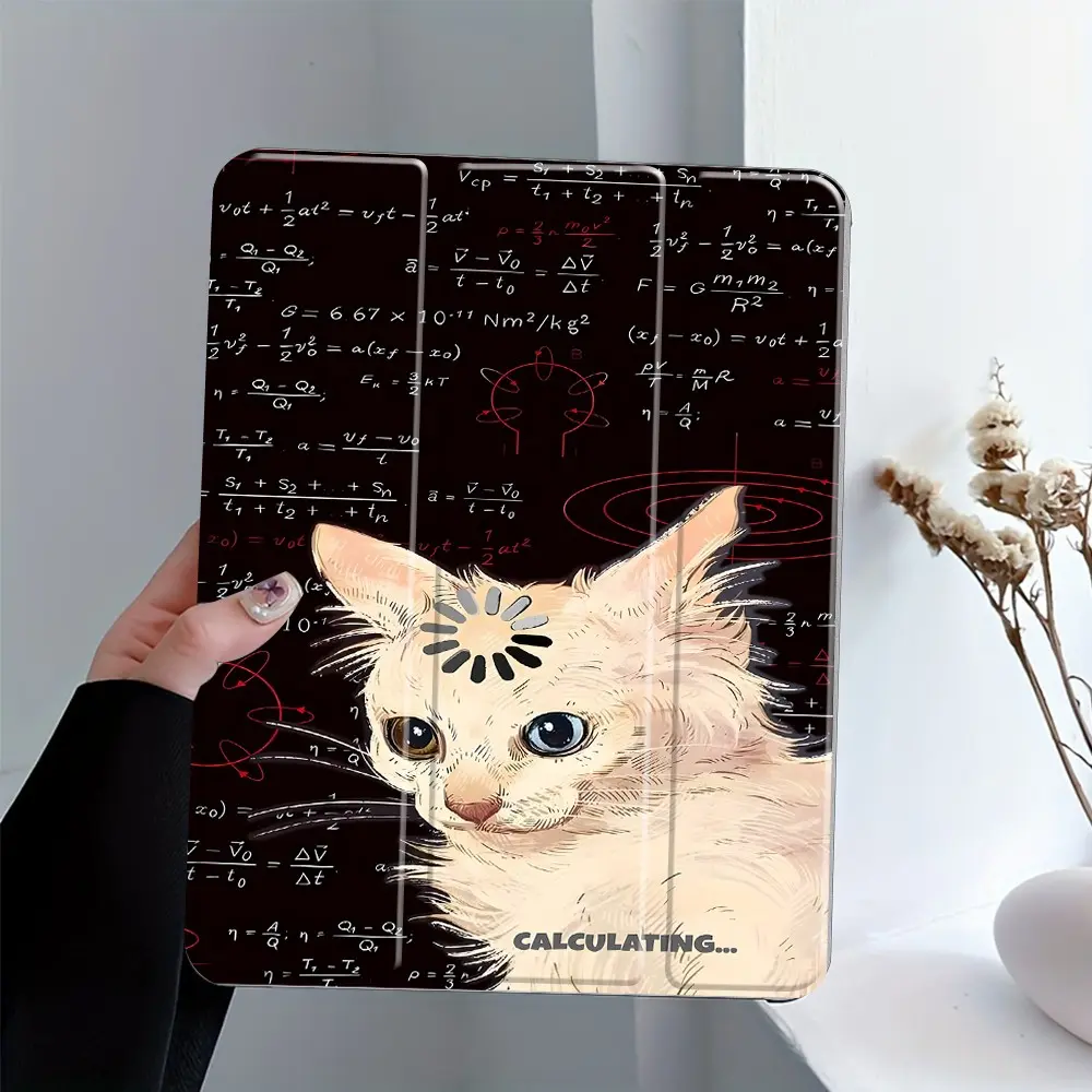 Funny The Thinking Cat Trifold Tablet Case,Auto Sleep/Wake,Transparent Acrylic Stand Cover, Pencil Holder & Charger Slot,Anti-Drop Anti-Scratch Shockproof Suitable for Offices Schools and Homes,Fits iPad 7.9/8.3/10.2/10.5/10.9/11/12.9 13 inch
